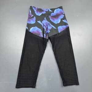 Onzie Flow High Rise Leggings Women's S/M Black Mesh Panel Purple Floral Yoga